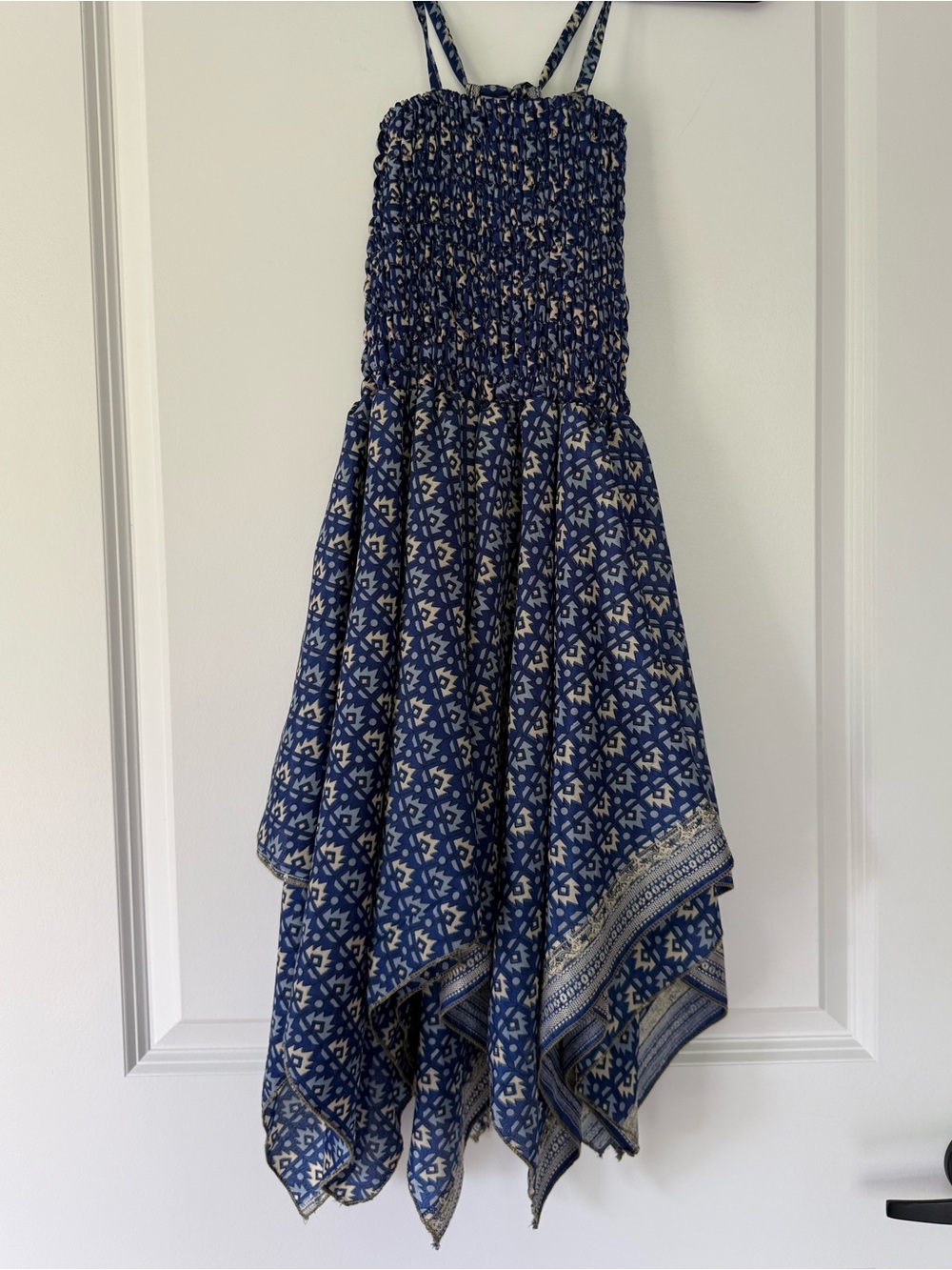 Blue Smocked Handkerchief Hem Summer Dress